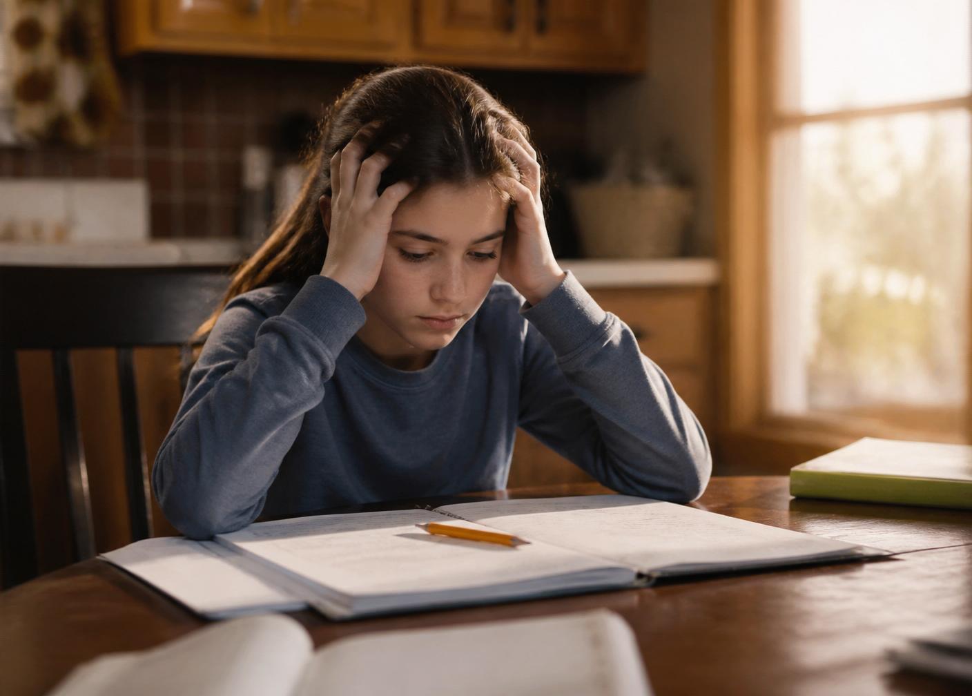 Video poster: a student sitting at a kitchen table after school looking overwhelmed